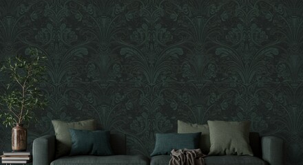 Elegant Living Room: A stylish living room featuring a dark green patterned wallpaper, a comfortable sofa with accent pillows, and a decorative plant, creating a sophisticated and inviting atmosphere.