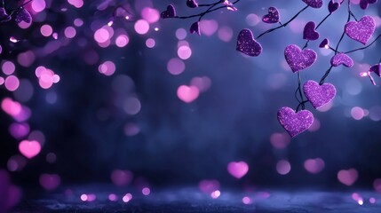 Beautiful sparkling hearts with bokeh lights in a dreamy purple background for romantic or festive themed design projects and visual content purposes