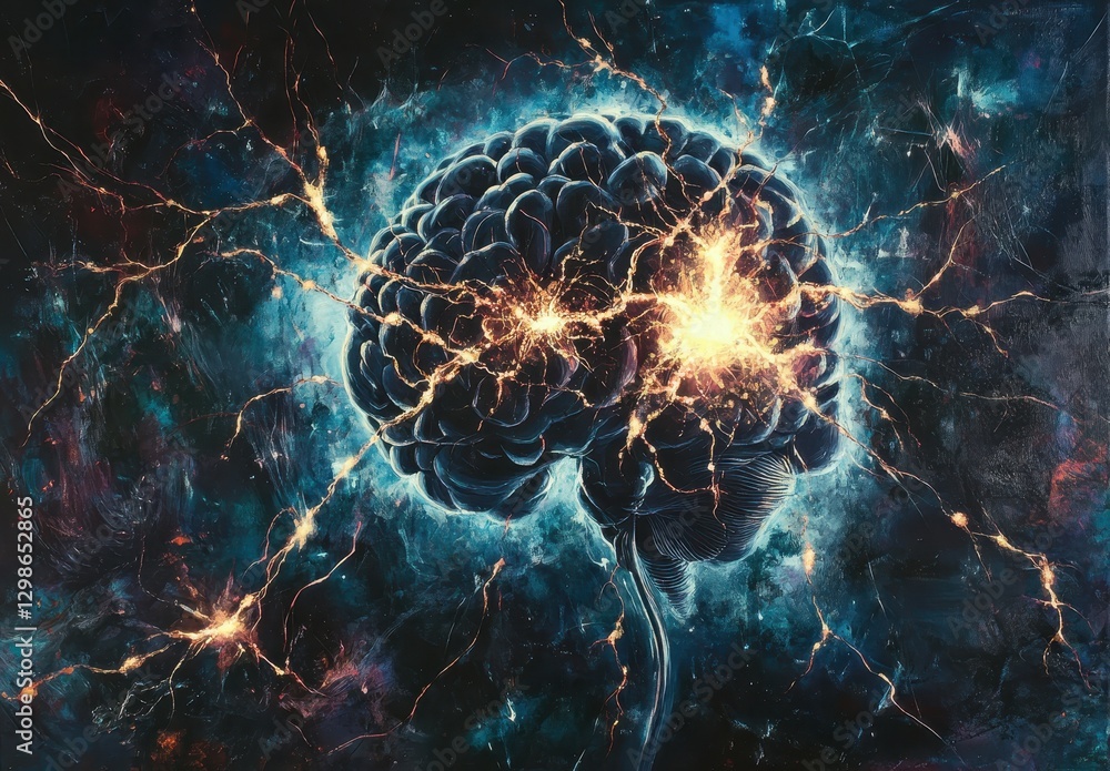 Poster abstract representation of a human brain with glowing neural connections, showcasing cognitive proce