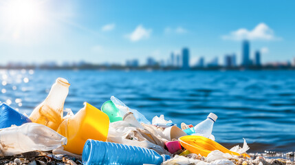 Plastic Garbage and Trash on a Beach with Cityscape in the Background