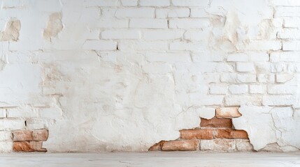 This image showcases a weathered white brick wall, featuring textures and peeling paint that reveal exposed red bricks, conveying a sense of age and history.