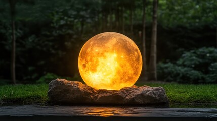A glowing orb sits among vibrant greenery, offering a sense of tranquility and a beautiful connection to nature's peaceful surroundings, inviting contemplation and inspiration.