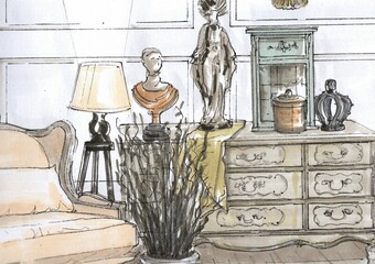 Hand drawn colour sketch showing a detail from an interior.