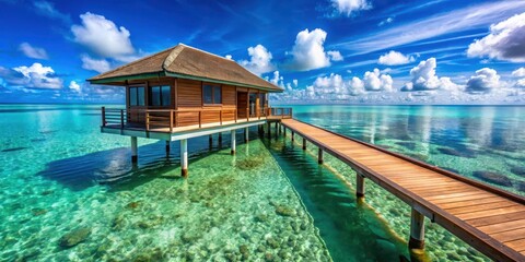 Overwater bungalow in tropical paradise with crystal clear waters and vibrant marine life surrounding a luxurious wooden deck and glass floor panel , ocean, paradise