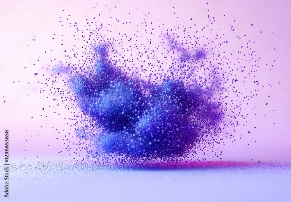 Poster abstract representation of colorful particles exploding in a cloud formation against a soft gradient