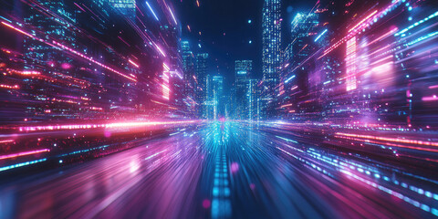 Cyberpunk-inspired neon light trails moving at high speed in digital motion