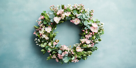 Floral wreath on blue background: Elegant arrangement of pink and white blossoms with greenery.