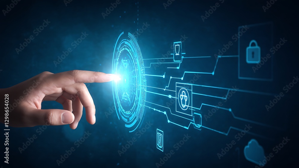 Poster hand touching digital interface with security and cloud icons - copy space