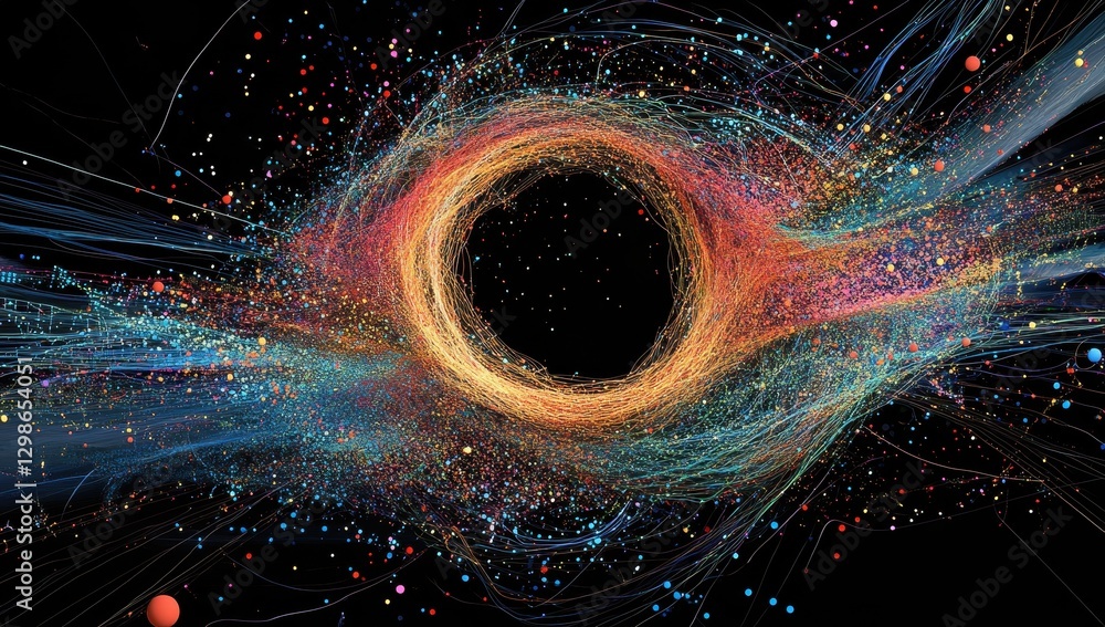 Poster abstract representation of cosmic elements swirling in vibrant colors forming a black hole with lumi
