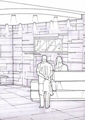 Hand drawn colour sketch showing a detail from an interior.