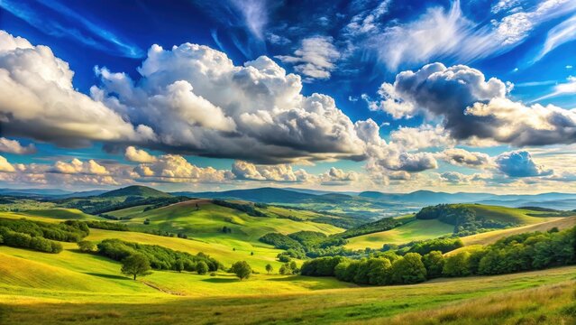 Serene landscape with a vast blue sky and fluffy white clouds against a warm natural daylight background, set amidst rolling hills or mountains , blue sky, beautiful panorama