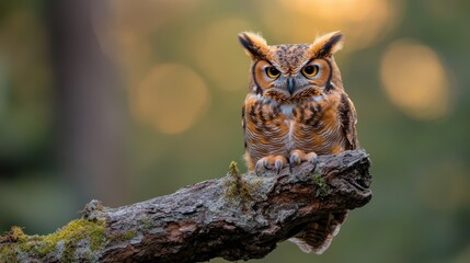 Obraz premium An extraordinary owl displays its stunning features while perched elegantly on a moss-covered branch, against a beautifully blurred sunset backdrop full of warmth.