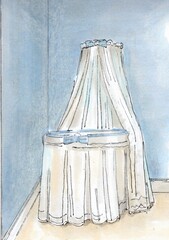 Hand drawn colour sketch showing a detail from an interior.