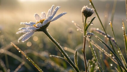 Frosted Prairie. Frosted wildflower in a frozen prairie landscape, showcasing morning dew turned to ice in a delicate setting. Frozen flowers plants.