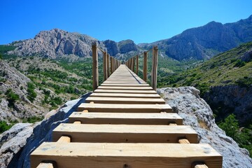 A wooden suspension footbridge swaying above a deep canyon with breathtaking views