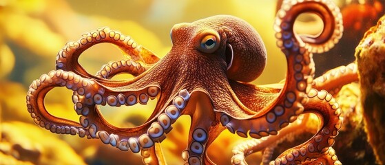 Fototapeta premium Close-up of a Brown Octopus with One Eye Visible and Tentacles in Focus