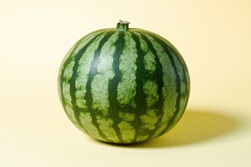 A solitary whole striped green watermelon on a yellow background