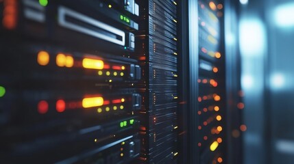 Naklejka premium Data Center Rack with Colorful LED Lights and Server Equipment