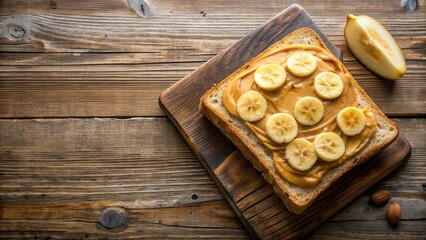 Fototapeta premium Toasted bread slice garnished with creamy peanut butter spread and sliced banana on a wooden table, food, kitchen