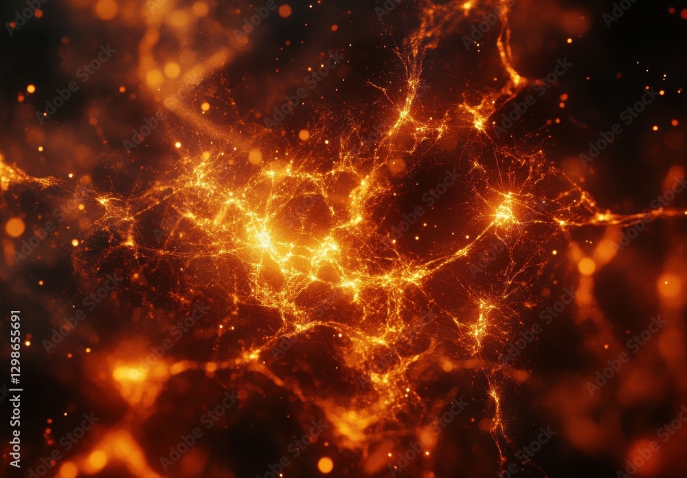 Poster abstract representation of glowing energy patterns in vibrant orange and golden hues with intricate 
