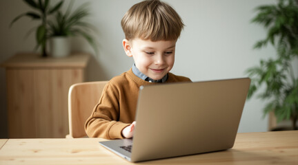 smiling boy attentively uses a laptop at his wooden desk