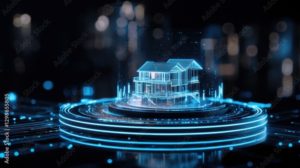 Aufkleber modern digital visualization of a house in a high-tech environment with blue neon glow and futuristi