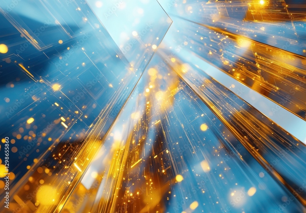 Poster abstract representation of light beams and digital particles creating a futuristic cityscape with sh