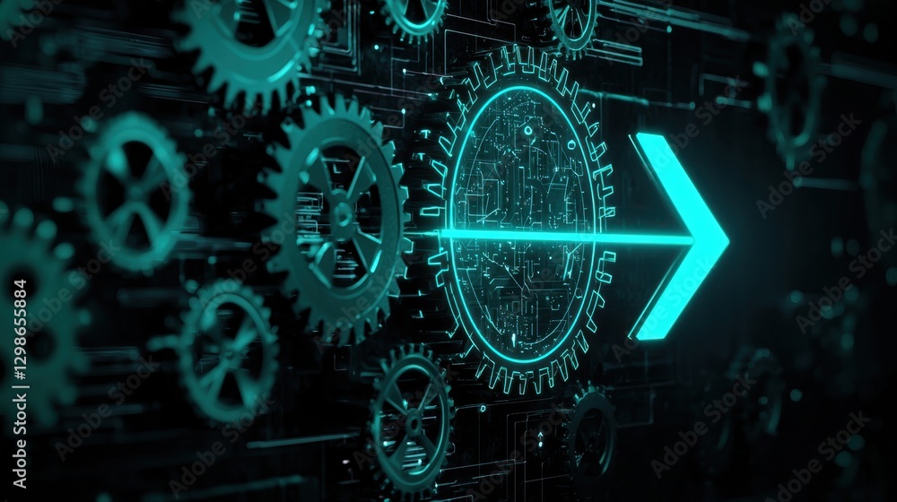 Poster futuristic technology concept with gears and neon glow in digital circuits representing innovation a