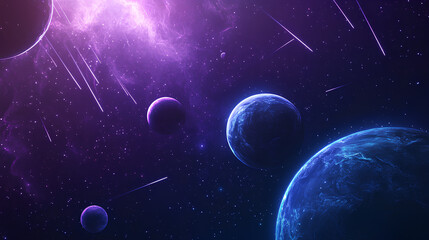 Naklejka premium Futuristic Deep Space Scene with Glowing Planets and Nebula