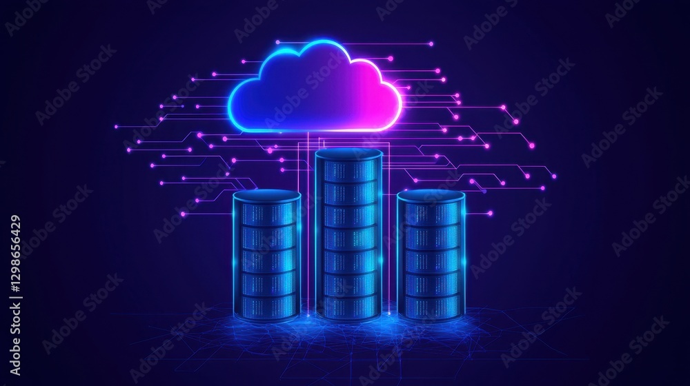 Poster digital representation of cloud storage with glowing databases, interconnected network lines, and mo
