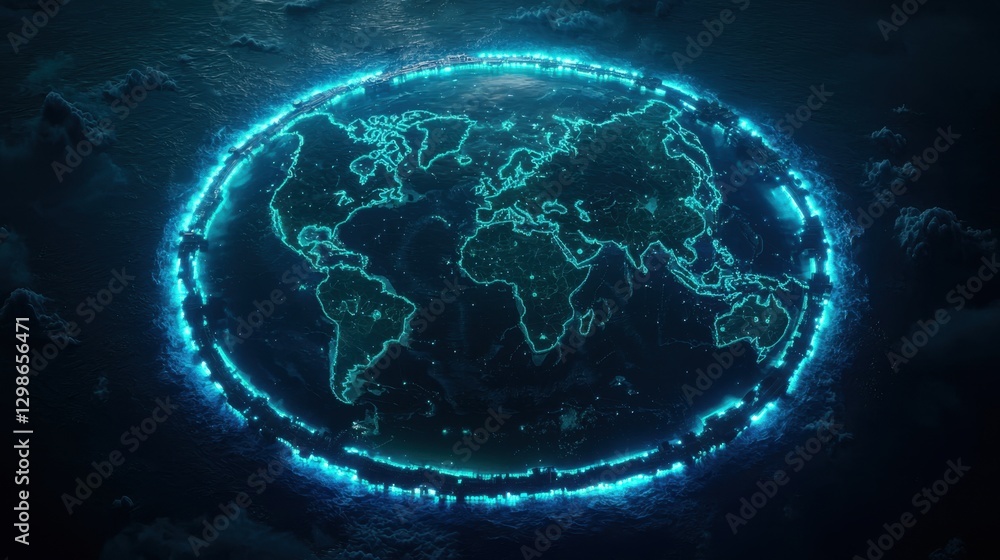Poster illumination of a global map in vibrant blue light over dark oceanic background with abstract lines 