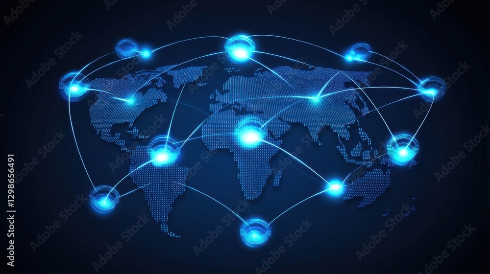 Poster global network connections with digital nodes and lines representing data flow across a world map in