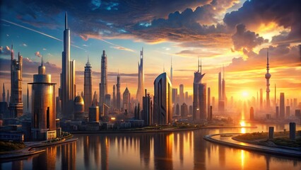 Obraz premium Detailed landscape of a futuristic cityscape at sunset, modern world, futuristic, modern world