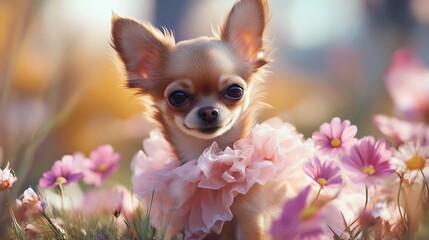 Adorable Chihuahua Puppy in Pink Dress with Flowers - Pet Photography for Greeting Cards, Prints, and Posters