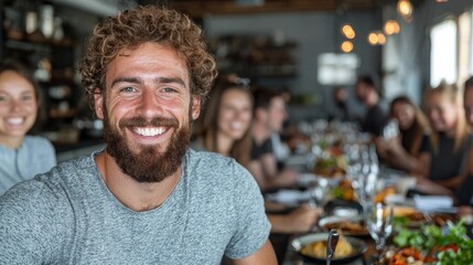 Fototapeta premium Happy man with friends, restaurant dinner, blurred background, social gathering