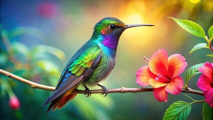 Fototapeta premium A vibrant, iridescent hybrid creature with the body of a hummingbird and the delicate petals of a hibiscus flower perched on a tropical branch, birds, floral