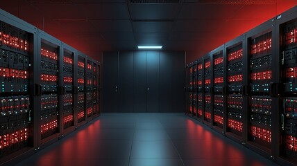 Connection network in servers big data center room storage systems, 3D rendering