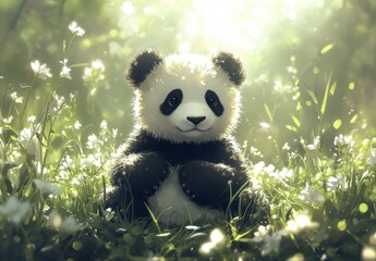 Cute Baby Panda Sitting in a Sunlit Flower Field with Soft Light