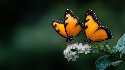 Obraz premium Two striking butterflies with vibrant orange wings interact on a flower, symbolizing unity in nature and the delicate balance of ecosystems around us.