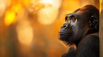Obraz premium A striking close-up of a gorilla reveals its thoughtful gaze and powerful presence, capturing the majestic beauty of wildlife and the depth of animal expression.