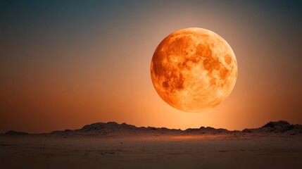 An awe-inspiring view of a large glowing moon rising above the rugged desert landscape, creating a magical world filled with serenity and wonder.