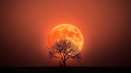 Obraz premium A striking silhouette of a bare tree standing alone against a backdrop of a colossal orange moon, evoking feelings of solitude and reflection in nature.