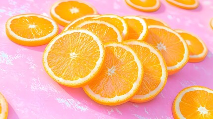 Vibrant Slices of Orange on Pink Background Juicy Citrus Fruit Summer