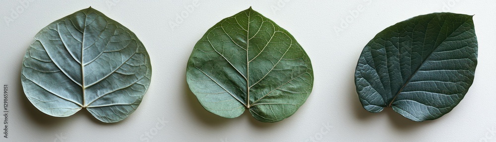 Poster three green leaves display varying shades and textures in a natural arrangement.