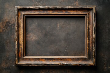 A rustic rectangular wooden picture frame on a textured background
