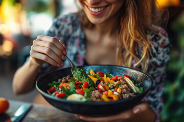 Tourist woman ready to eat meat tacos with vegetables and is seasoning them with spicy green sauce in an outdoor Mexican food restaurant