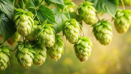 Fototapeta premium Close up of fresh green beer hops with delicate buds and feathery leaves against a neutral background, nature, close-up