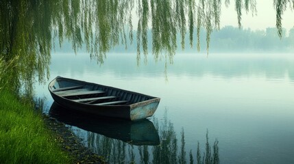 Fototapeta premium Boat on a lake weeping nature willow.