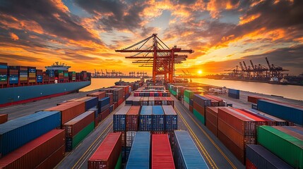 Colorful Cargo Ships at Sunset Port