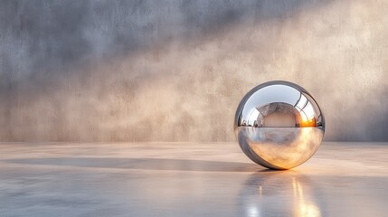 A polished metal sphere reflecting light on a concrete surface, creating a striking juxtaposition of smooth surfaces and rugged textures in an artistic manner.